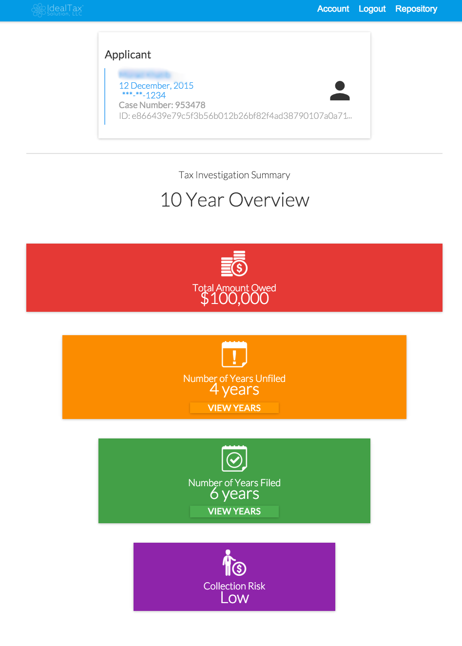 Ideal Tax Solution, LLC | Online Tax Investigation Results Screenshot